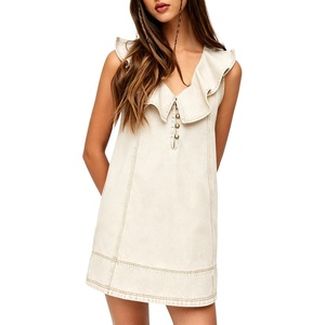 image:imageCHARTOU Women Summer Denim Mini Dress Casual Loose Ruffle Collar Sleeveless Buttons Shift Jean DressBeige