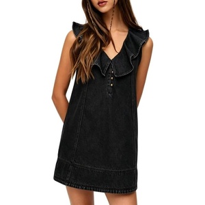 image:imageCHARTOU Women Summer Denim Mini Dress Casual Loose Ruffle Collar Sleeveless Buttons Shift Jean DressBlack