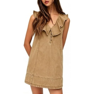 image:imageCHARTOU Women Summer Denim Mini Dress Casual Loose Ruffle Collar Sleeveless Buttons Shift Jean DressKhaki