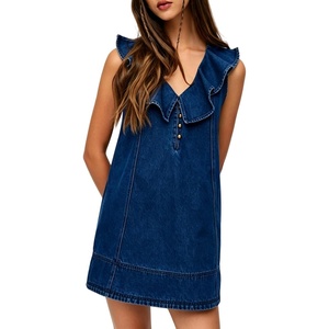 image:imageCHARTOU Women Summer Denim Mini Dress Casual Loose Ruffle Collar Sleeveless Buttons Shift Jean DressNavy Blue