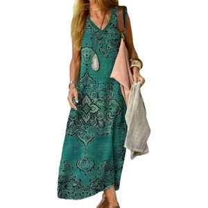 image:imageCHARTOU Women Summer Sleeveless Maxi Dress Casual Loose Fit Floral Print V Neck Shift DressDark Green