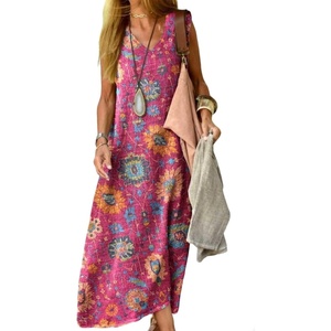 image:imageCHARTOU Women Summer Sleeveless Maxi Dress Casual Loose Fit Floral Print V Neck Shift DressDark Pink
