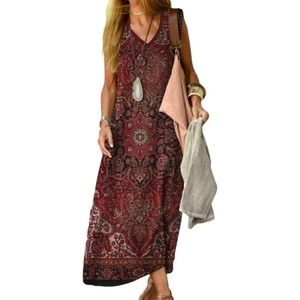 image:imageCHARTOU Women Summer Sleeveless Maxi Dress Casual Loose Fit Floral Print V Neck Shift DressDark Red