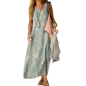 image:imageCHARTOU Women Summer Sleeveless Maxi Dress Casual Loose Fit Floral Print V Neck Shift DressLight Green