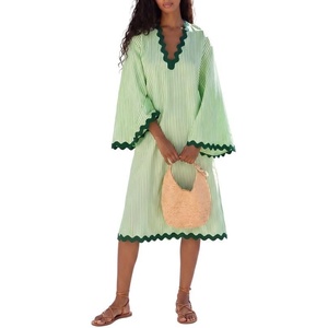 image:imageCHARTOU Women Summer Striped Midi Dress RIC Rac Trim 34 Bell Sleeve Loose Casual Tunic DressGreen