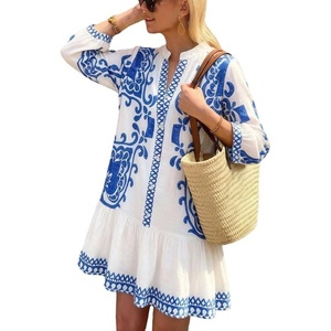 image:imageCHARTOU Womens Boho Printed Tunic Dress 34 Sleeve V Neck Ruffle Hem Casual Shift Mini Dress for Summer Beach VacationBlue