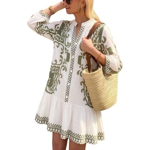 image:imageCHARTOU Womens Boho Printed Tunic Dress 34 Sleeve V Neck Ruffle Hem Casual Shift Mini Dress for Summer Beach VacationGreen