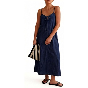 image:imageCHARTOU Womens Denim Midi Dress Sleeveless Spaghetti Strap Tie Front V Neck Casual Loose Fit Long Dress for Summer VacationDark Blue