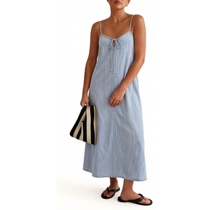 image:imageCHARTOU Womens Denim Midi Dress Sleeveless Spaghetti Strap Tie Front V Neck Casual Loose Fit Long Dress for Summer VacationLight Blue