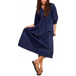 image:imageCHARTOU Womens Denim Midi Dress V Neck Puff 34 Sleeve ALine Casual Babydoll Jean Dresses Flowy Tiered Long Denim DressDark Blue