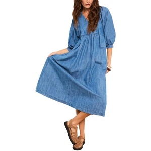 image:imageCHARTOU Womens Denim Midi Dress V Neck Puff 34 Sleeve ALine Casual Babydoll Jean Dresses Flowy Tiered Long Denim DressLight Blue