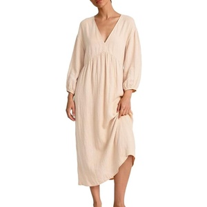 image:imageCHARTOU Womens Gauze Cotton Midi Dress V Neck 34 Puff Sleeve Casual Loose Flowy Tiered Summer Beach Dress with PocketsApricot
