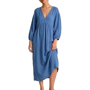 image:imageCHARTOU Womens Gauze Cotton Midi Dress V Neck 34 Puff Sleeve Casual Loose Flowy Tiered Summer Beach Dress with PocketsBlue