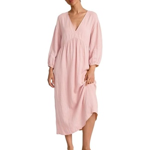 image:imageCHARTOU Womens Gauze Cotton Midi Dress V Neck 34 Puff Sleeve Casual Loose Flowy Tiered Summer Beach Dress with PocketsPink