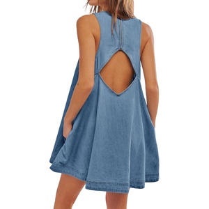 image:imageCHARTOU Womens Short Denim Jumper Dress Jean Sleeveless Back Cut Out Zip Up Romper Tank DressLight Blue