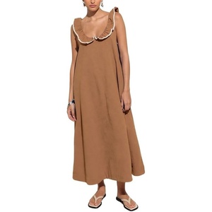 image:imageCHARTOU Womens Sleeveless Ruffle Neck Midi Dress Contrast Trim Linen Blend Loose Flowy Long Summer Sundress Beach DressBrown
