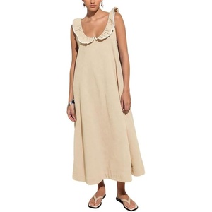 image:imageCHARTOU Womens Sleeveless Ruffle Neck Midi Dress Contrast Trim Linen Blend Loose Flowy Long Summer Sundress Beach DressCream