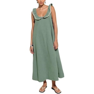 image:imageCHARTOU Womens Sleeveless Ruffle Neck Midi Dress Contrast Trim Linen Blend Loose Flowy Long Summer Sundress Beach DressGreen
