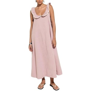 image:imageCHARTOU Womens Sleeveless Ruffle Neck Midi Dress Contrast Trim Linen Blend Loose Flowy Long Summer Sundress Beach DressPink