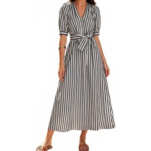 image:imageCHARTOU Womens Striped Cotton Midi Dress V Neck Puff Sleeve Belted ALine Casual Summer Dress with PocketsBlack