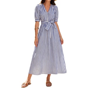image:imageCHARTOU Womens Striped Cotton Midi Dress V Neck Puff Sleeve Belted ALine Casual Summer Dress with PocketsBlue