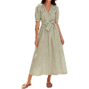 image:imageCHARTOU Womens Striped Cotton Midi Dress V Neck Puff Sleeve Belted ALine Casual Summer Dress with PocketsGreen