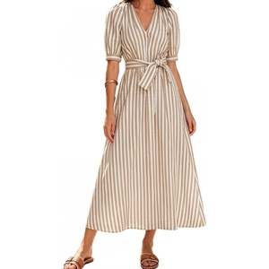 image:imageCHARTOU Womens Striped Cotton Midi Dress V Neck Puff Sleeve Belted ALine Casual Summer Dress with PocketsKhaki