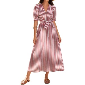 image:imageCHARTOU Womens Striped Cotton Midi Dress V Neck Puff Sleeve Belted ALine Casual Summer Dress with PocketsRed