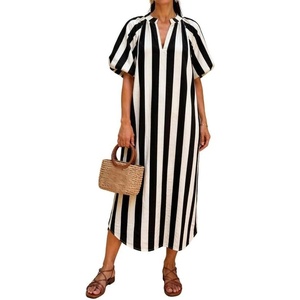 image:imageCHARTOU Womens Striped Midi Dress Puff Sleeve V Neck Casual Loose Tunic Summer Beach Dress with PocketsBlack
