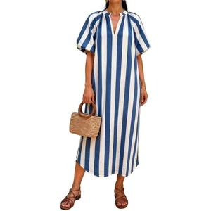 image:imageCHARTOU Womens Striped Midi Dress Puff Sleeve V Neck Casual Loose Tunic Summer Beach Dress with PocketsBlue