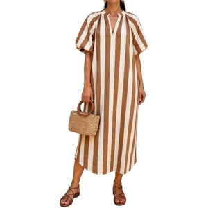 image:imageCHARTOU Womens Striped Midi Dress Puff Sleeve V Neck Casual Loose Tunic Summer Beach Dress with PocketsBrown