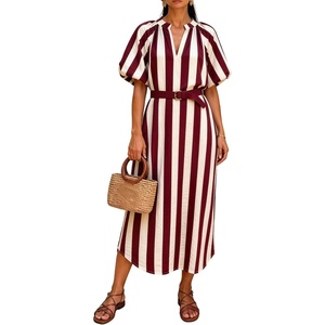 image:imageCHARTOU Womens Striped Midi Dress Puff Sleeve V Neck Casual Loose Tunic Summer Beach Dress with PocketsBurdundy