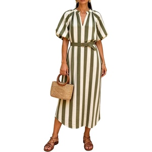 image:imageCHARTOU Womens Striped Midi Dress Puff Sleeve V Neck Casual Loose Tunic Summer Beach Dress with PocketsGreen