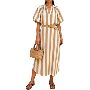 image:imageCHARTOU Womens Striped Midi Dress Puff Sleeve V Neck Casual Loose Tunic Summer Beach Dress with PocketsKhaki