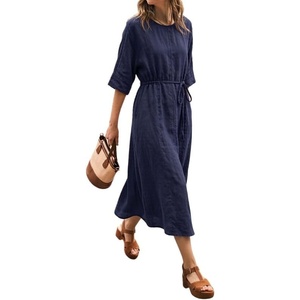 image:imageCHARTOU Womens Summer Linen Midi Dress 34 Sleeves Drawstring Waist Loose Fit Beach Dress with PocketsNavy
