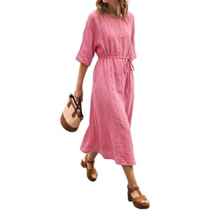image:imageCHARTOU Womens Summer Linen Midi Dress 34 Sleeves Drawstring Waist Loose Fit Beach Dress with PocketsPink
