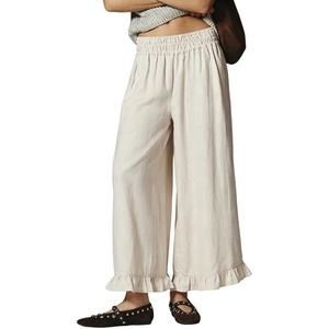 image:imageCHARTOU Women Ruffle Hem Cotton Linen Pants Cropped Wide Leg Palazzo Trousers Summer Beach Vacation OutfitsBeige
