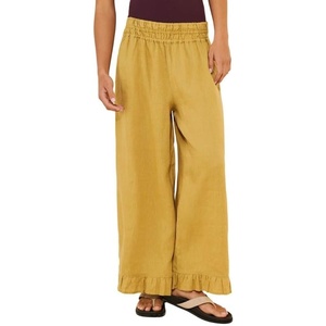 image:imageCHARTOU Women Ruffle Hem Cotton Linen Pants Cropped Wide Leg Palazzo Trousers Summer Beach Vacation OutfitsGinger