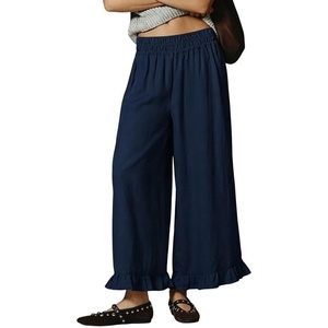 image:imageCHARTOU Women Ruffle Hem Cotton Linen Pants Cropped Wide Leg Palazzo Trousers Summer Beach Vacation OutfitsNavy