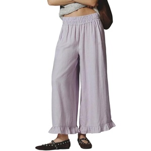 image:imageCHARTOU Women Ruffle Hem Cotton Linen Pants Cropped Wide Leg Palazzo Trousers Summer Beach Vacation OutfitsPurple