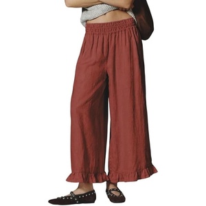 image:imageCHARTOU Women Ruffle Hem Cotton Linen Pants Cropped Wide Leg Palazzo Trousers Summer Beach Vacation OutfitsWine