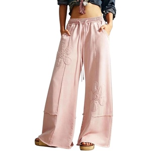 image:imageCHARTOU Women Wide Leg Palazzo Pants Patchwork Floral Baggy Pants Elastic High Waist Sweatpants with PocketsPink