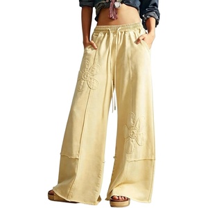image:imageCHARTOU Women Wide Leg Palazzo Pants Patchwork Floral Baggy Pants Elastic High Waist Sweatpants with PocketsYellow