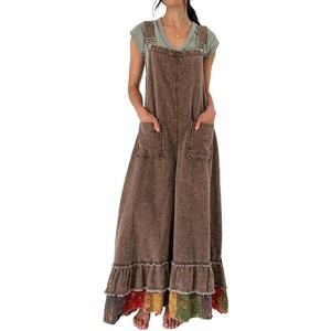 image:imageCHARTOU Women Ruffle Hem Patchwork Denim Overalls Jeans Baggy Distressed Bib Flare Wide Leg Pants JumpsuitsBrown