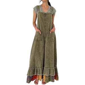 image:imageCHARTOU Women Ruffle Hem Patchwork Denim Overalls Jeans Baggy Distressed Bib Flare Wide Leg Pants JumpsuitsOlive Green