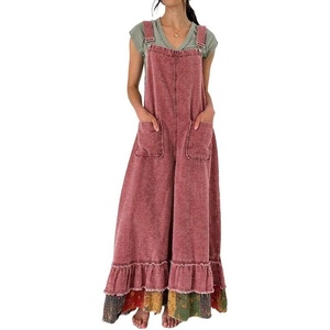 image:imageCHARTOU Women Ruffle Hem Patchwork Denim Overalls Jeans Baggy Distressed Bib Flare Wide Leg Pants JumpsuitsWine