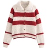 image:imageCHARTOU Women Cozy Color Block Striped Cardigan Sweater Button Up Lapel Collar Fall Sweater CoatRed
