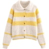 image:imageCHARTOU Women Cozy Color Block Striped Cardigan Sweater Button Up Lapel Collar Fall Sweater CoatYellow