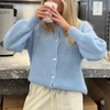 image:imageCHARTOU Women Fuzzy Wool Cardigan Sweater Fall Slouchy Balloon Long Sleeve Button Down Knit Sweater CoatBlue