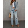 image:imageCHARTOU Women Ruffle Peplum Jean Crop Jacket Coat Fall Spring Band Collar Snap Button Zip ShacketLight Blue